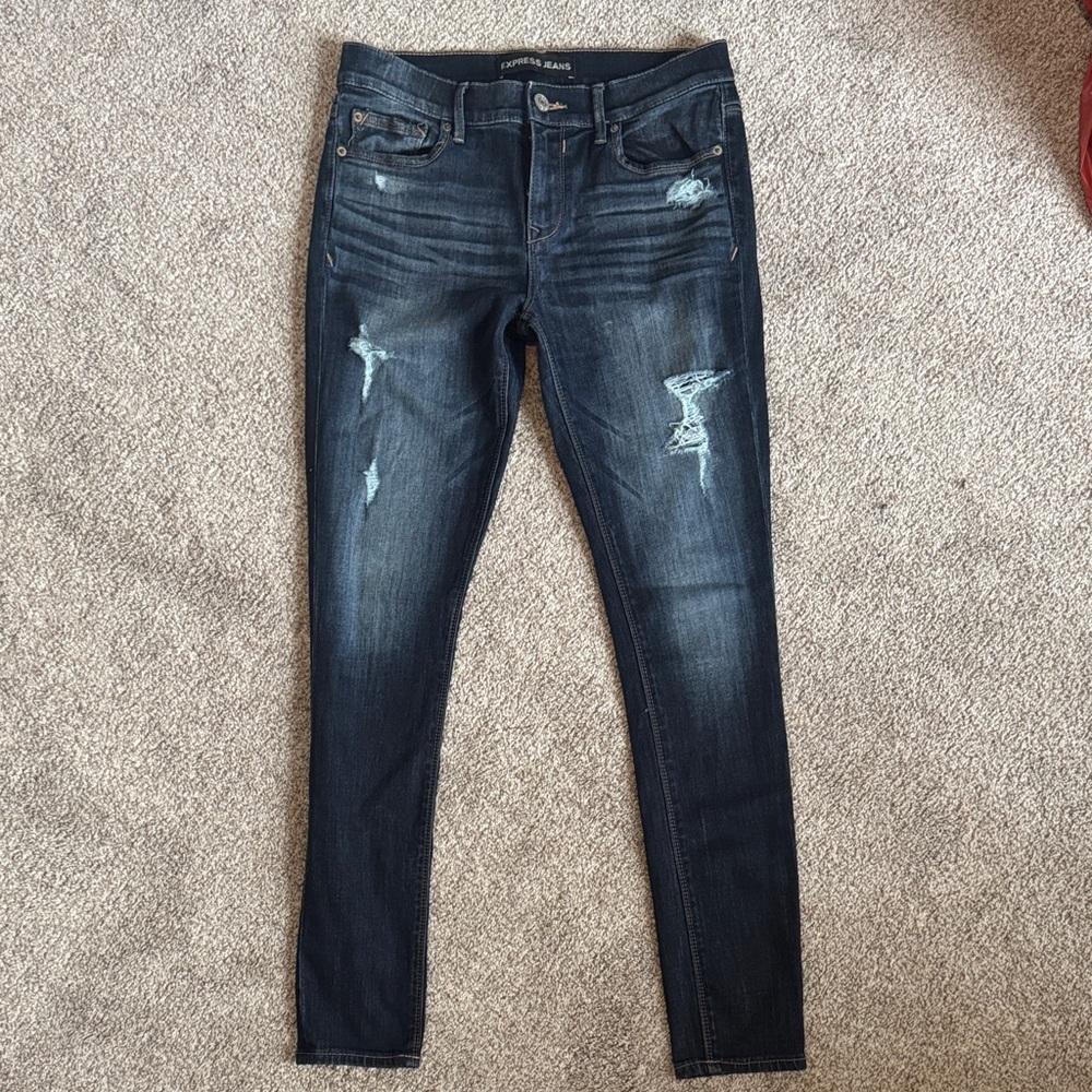 EXPRESS- Women's Distressed Skinny Jeans - Dark Blue- 8